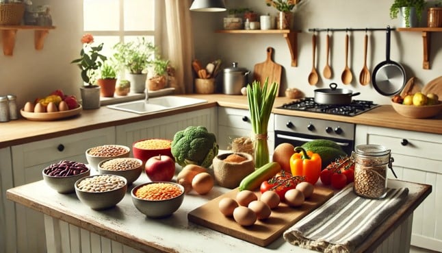 Cocina con alimentos saludables para comer sano con poco dinero